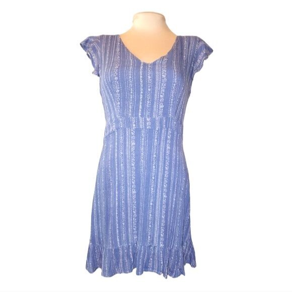 Sadie & Sage Anthropologie Blue & Tan Ruffled V-Neck A-Line Mini Dress Size S - Picture 1 of 10